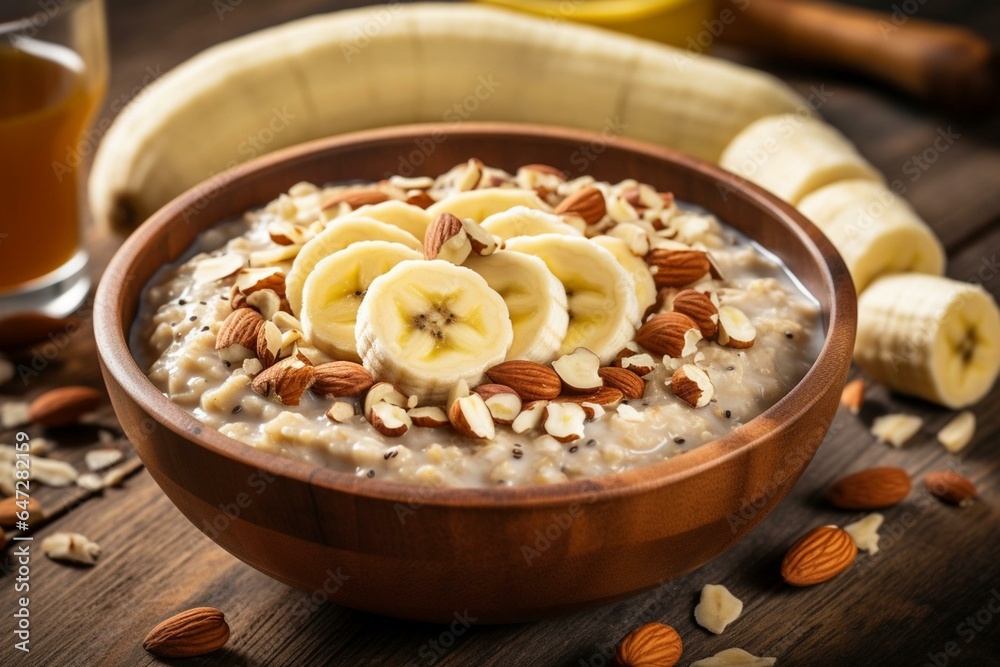 Nourishing oats with banana, nuts, and a spoon, a fulfilling breakfast to keep you satisfied. Generative AI Nourishing oats with banana, nuts, and a spoon, a fulfilling breakfast to keep you satisfied. Generative AI