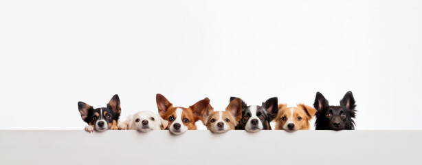 Cute different dogs peeking on isolated white backgrounds, with copy space, blank for text ads, and graphic design.