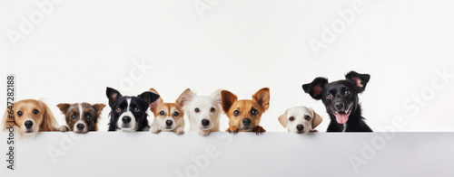 Cute different dogs peeking on isolated white backgrounds, with copy space, blank for text ads, and graphic design.