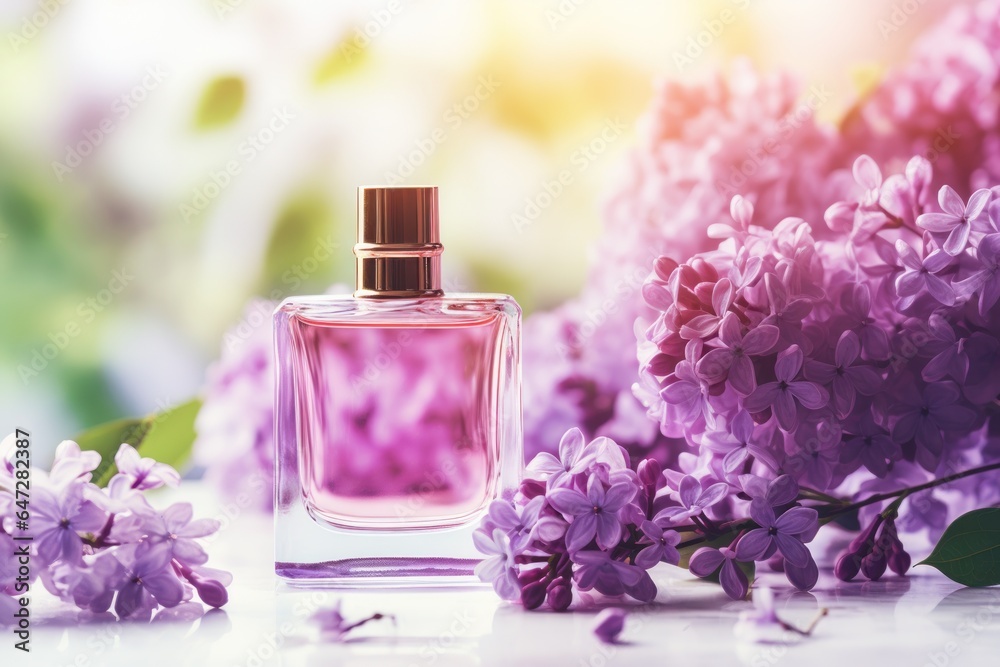 A bottle of perfume placed next to a beautiful bunch of lilac flowers. This image captures the essence of elegance and natural beauty. Perfect for advertisements, fashion magazines, or any project rel A bottle of perfume placed next to a beautiful bunch of lilac flowers. This image captures the essence of elegance and natural beauty. Perfect for advertisements, fashion magazines, or any project rel
