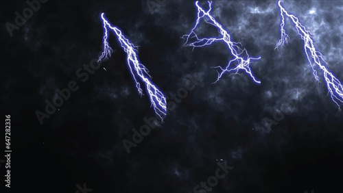 Flash of lightning on dark background. Thunderstorm. Heavy storm bringing thunder, lightnings and rain in summer. Branched lightning bolt