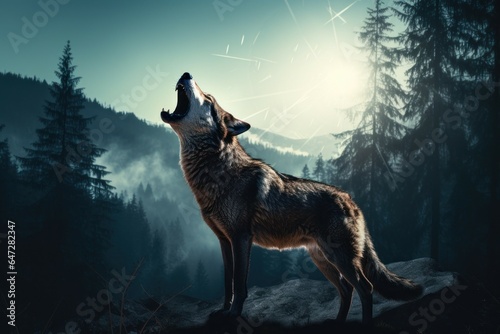A wolf confidently stands on top of a rock overlooking the forest. This image can be used to depict strength, wilderness, and the beauty of nature.