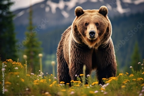 A large brown bear standing on top of a lush green field. This picture can be used to depict wildlife, nature, or animal habitats.