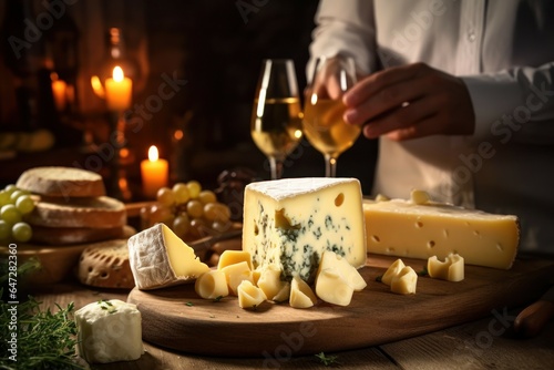 A person is seen holding a glass of wine and a plate of cheese. This image can be used to showcase a sophisticated and elegant event or to highlight the enjoyment of wine and cheese pairings.