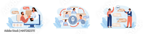 Verbal communication set. Public speaking, talking through a digital