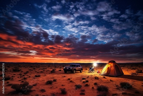 Camping under starry skies in South Australia's Strzelecki Desert. Generative AI photo