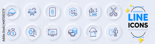 Restaurant food, Attachment and Food delivery line icons for web app. Pack of Table lamp, Guard, Coins bags pictogram icons. Tips, Drone, Scissors signs. 24h service, Covid app. Vector