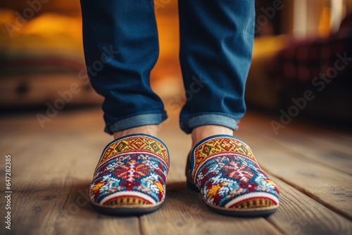 A close-up view of a person's shoes placed on a wooden floor. This image can be used to depict concepts such as fashion, footwear, style, or even a minimalist lifestyle.
