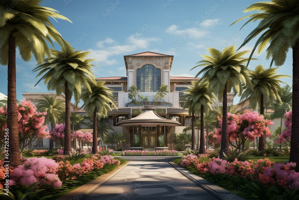 Scenic casino frontage adorned with palm trees and blooming flowers. Generative AI