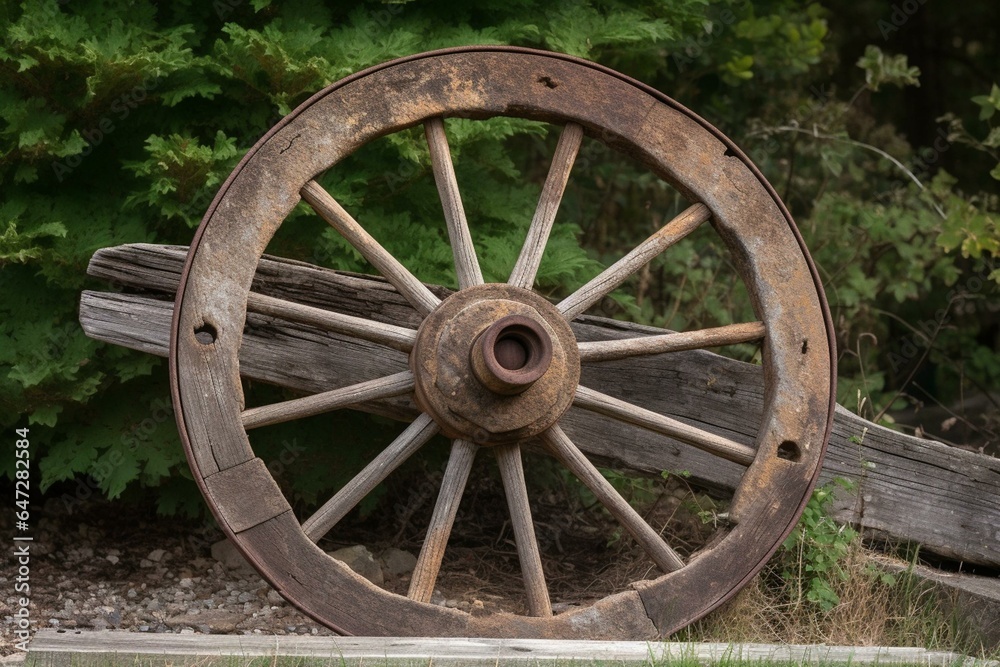 weathered timber cart wheel. Generative AI