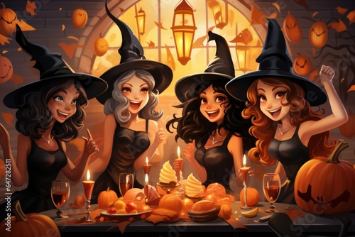 Magic enchanted cute cartoon magic witches wearing hats in Happy Halloween spooky scary fantasy fall scene party night background. Haloween party invitation backdrop. photo