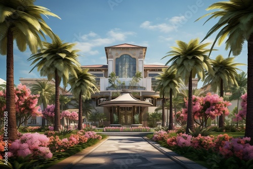 Fotografie, Tablou Scenic casino frontage adorned with palm trees and blooming flowers
