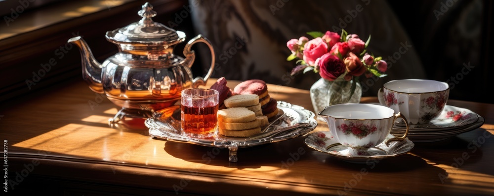 Table ready for tea. Teapot and cups placed on the table. Generative AI.