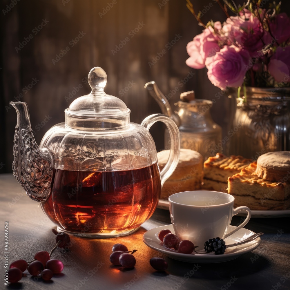 Table ready for tea. Teapot and cups placed on the table. Generative AI. Table ready for tea. Teapot and cups placed on the table. Generative AI.