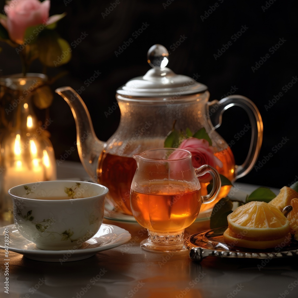 Table ready for tea. Teapot and cups placed on the table. Generative AI. Table ready for tea. Teapot and cups placed on the table. Generative AI.