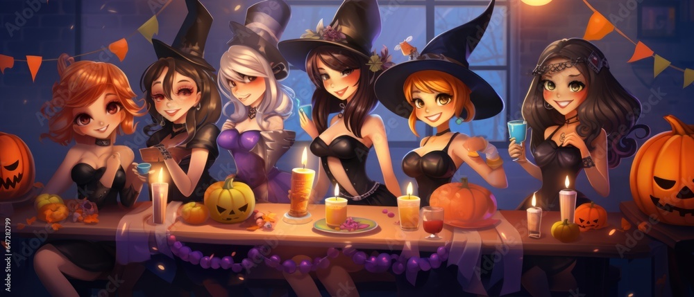 Magic enchanted cute cartoon magic witches wearing hats in Happy Halloween spooky scary fantasy fall scene party night background. Haloween party invitation backdrop.
