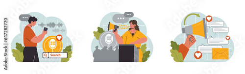 Verbal communication set. Public speaking, talking through a digital