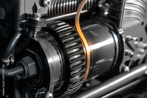 Close-up of diesel engine turbocharger, Diesel and gas industrial electric generator. Turbocharger with pipes on the engine, Generative AI photo