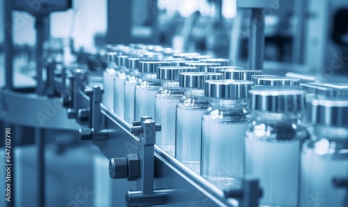 Pharmaceutical industry. Production line machine conveyor with glass bottles ampoules at factory. Pharmaceutical industry concept background  Generative AI