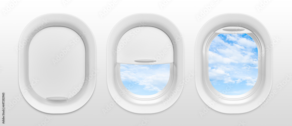 Airplane windows with transparent background in 3d realistic render Airplane windows with transparent background in 3d realistic render