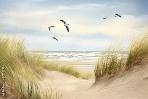 Watercolor drawing of a seagull flying over the beach.	