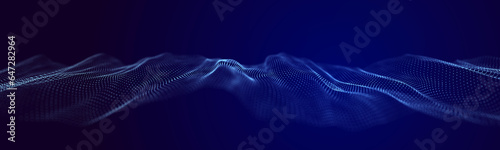 Futuristic wave of dots with moving particles. Abstract technology background. 3D visualization of big data. 3D rendering.