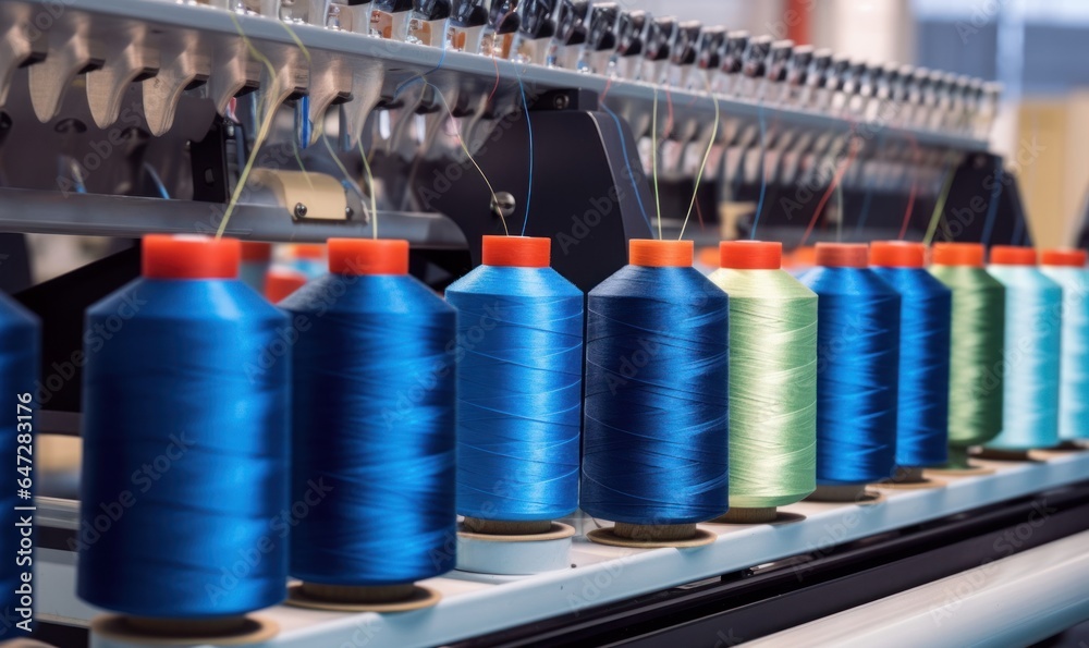 Reels of textile yarn blue thread at industrial weaving manufacturing machine, Generative AI