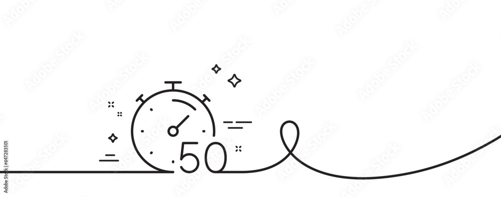 Timer 50 minutes line icon. Continuous one line with curl. Stopwatch time sign. Countdown clock symbol. Timer single outline ribbon. Loop curve pattern. Vector