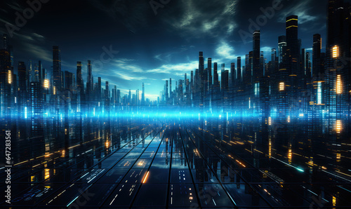 Blue binary codes background with city landscape.