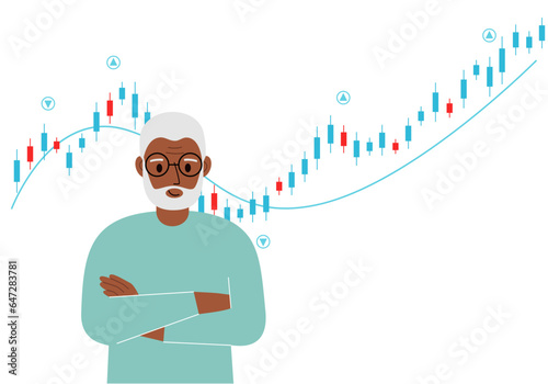 A grandpa on the background of a Forex chart. Conceptual illustration on the topic of strategic planning in trading on the stock exchange.
