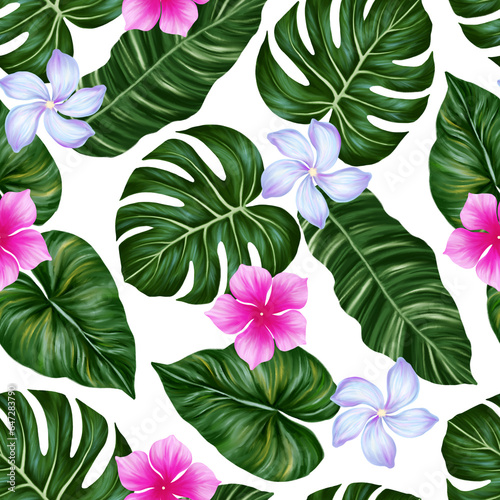 Tropical seamless pattern. Colorful vivid print with beautiful palm jungle leaves and flowers. Repeated luxury design for packaging, cosmetic, fashion, textile, wallpaper. Realistic high quality.