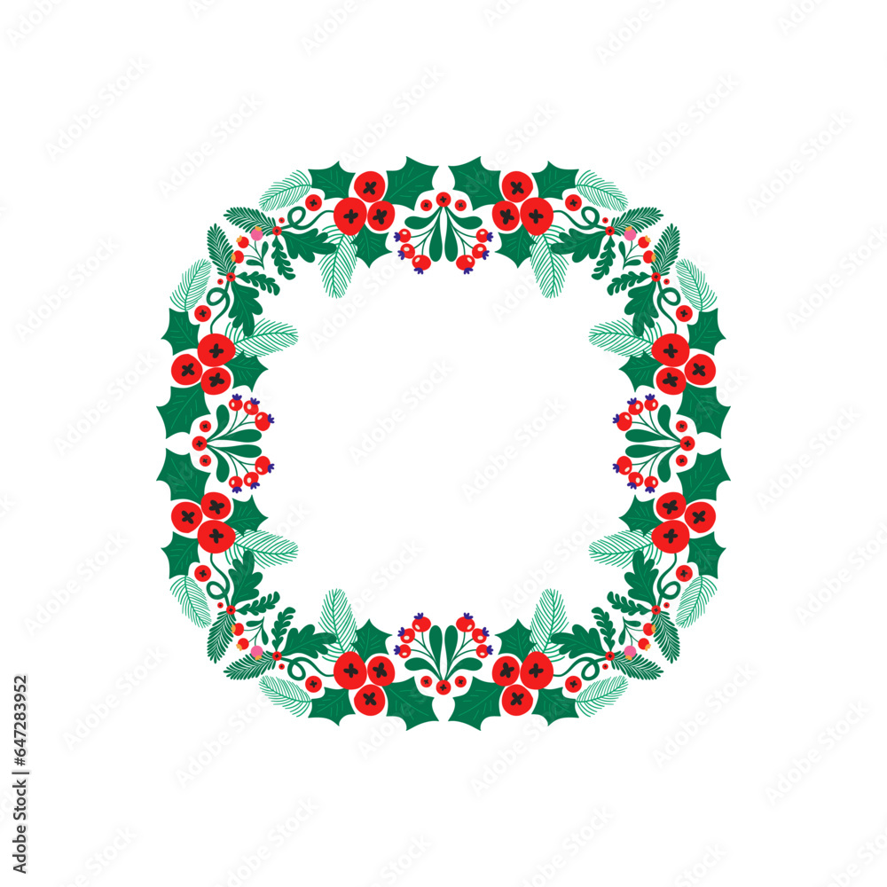 New year and Christmas wreath. Traditional winter garland on evergreen green branches, isolated on white background. Greeting card. Hand drawn Happy xmas vector retro holiday design