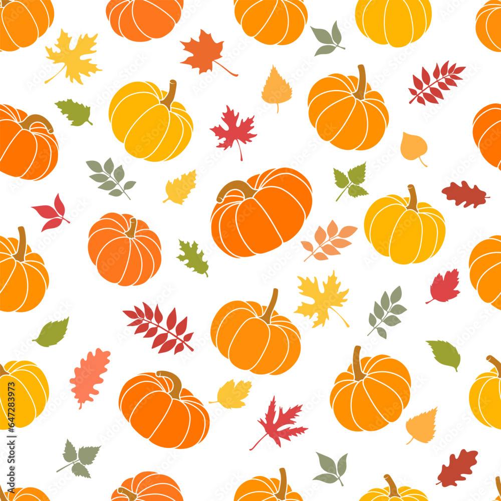 Autumn seamless vector pattern. Hand drawn autumn background with pumpkins. Abstract wallpaper for Thanksgiving.