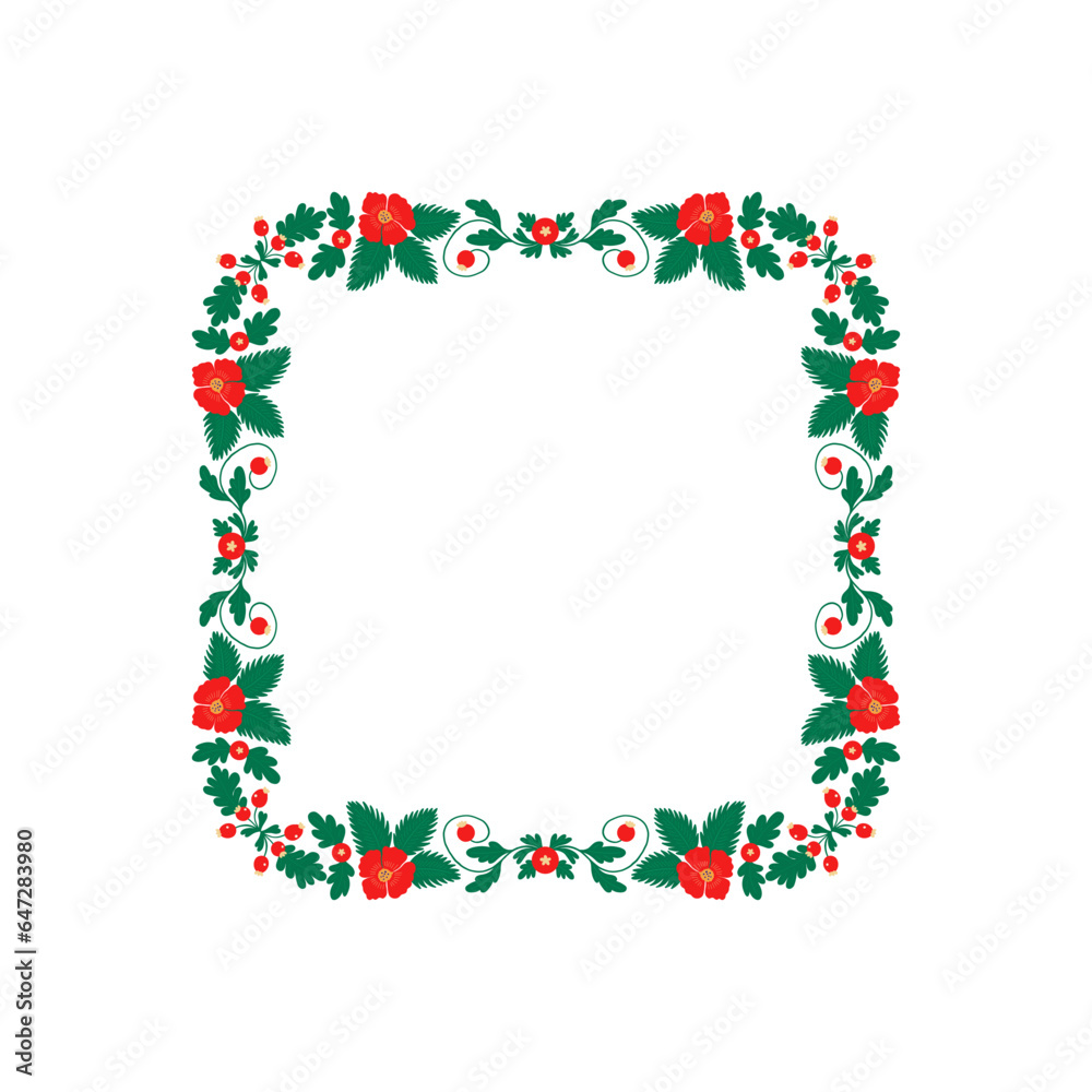 New year and Christmas wreath. Traditional winter garland on evergreen green branches, isolated on white background. Greeting card. Hand drawn Happy xmas vector retro holiday design