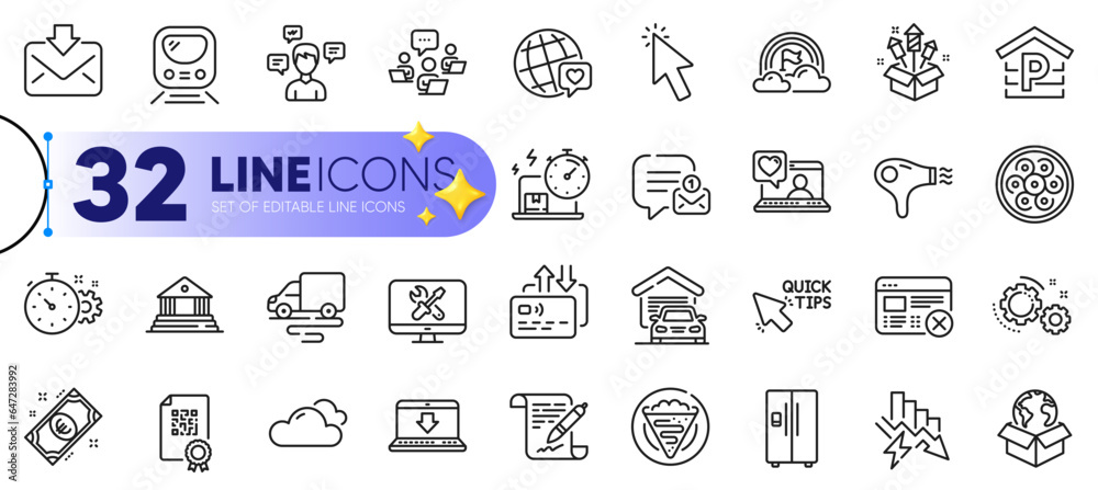 Outline set of Reject web, Hair dryer and Fireworks rocket line icons for web with Saving electricity, Delivery service, Parking thin icon. Repair, Lgbt, Agreement document pictogram icon. Vector