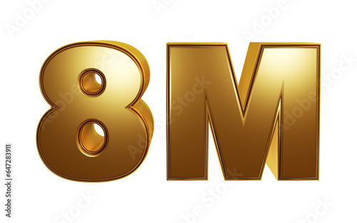 Luxury Golder 3D Rendering isolated on transparent background for Eight millions or 8M followers or subscribes. Celebration or thank you concept for banner, social media, poster etc