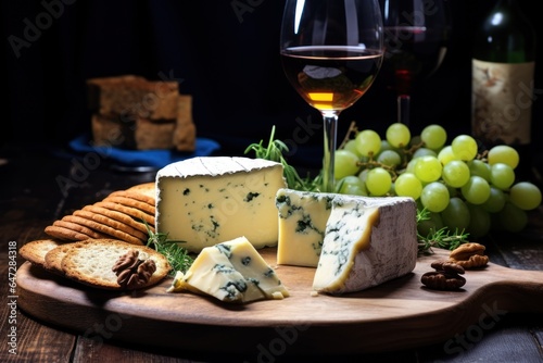A delicious assortment of cheese and crackers arranged on a wooden board, accompanied by a glass of wine. Perfect for a wine and cheese tasting event or a casual evening with friends.