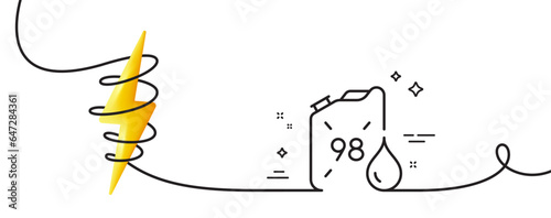 Petrol canister line icon. Continuous one line with curl. 98 petroleum fuel sign. E5 gasoline container symbol. Petrol canister single outline ribbon. Loop curve with energy. Vector
