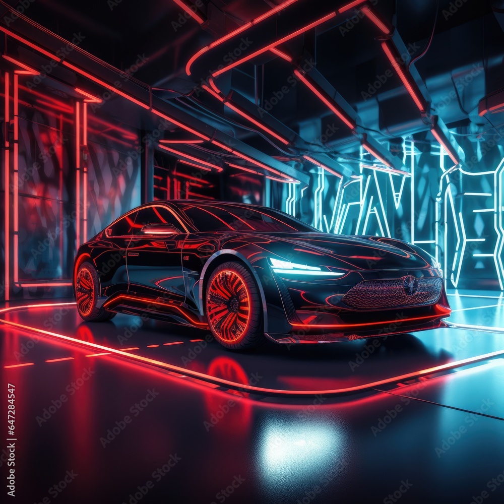 Futuristic Red Neon Car Scene - Auto Design in Luminescent Shades - Background with Empty Copy Space for Text - Fictional Conceptional Car Wallpaper Red Neon created with Generative AI Technology
