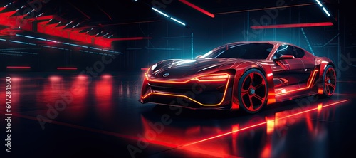 Futuristic Red Neon Car Scene - Auto Design in Luminescent Shades - Background with Empty Copy Space for Text - Fictional Conceptional Car Wallpaper Red Neon created with Generative AI Technology © Vehicles Generative