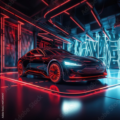 Futuristic Red Neon Car Scene - Auto Design in Luminescent Shades - Background with Empty Copy Space for Text - Fictional Conceptional Car Wallpaper Red Neon created with Generative AI Technology