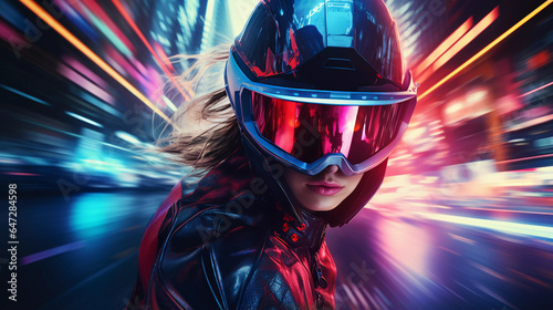 Cyberpunk Girl on Motorbike Blurred Neon City Background