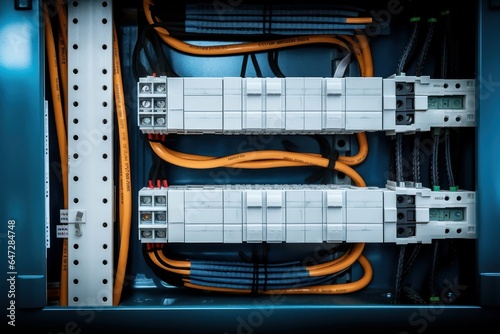 Box for wires of distribution of an electricity, PLC Control panel with wiring, lectric control panel enclosure for power and distribution, Generative AI photo