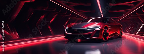 Futuristic Red Neon Car Scene - Auto Design in Luminescent Shades - Background with Empty Copy Space for Text - Fictional Conceptional Car Wallpaper Red Neon created with Generative AI Technology