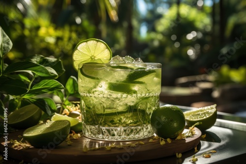 Alcoholic Mojito cocktail with lime, rosemary, mint and ice in jar glass. Vacation cocktail concept