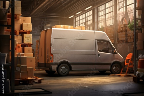 Rendering of a loaded delivery van at warehouse. Generative AI © Ronald