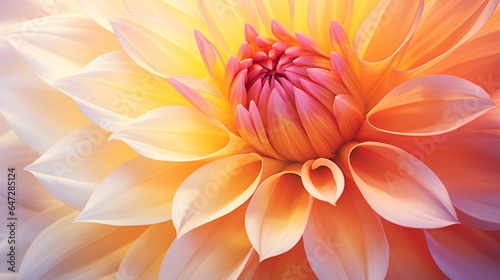Closeup of a Beautiful Dahlia Flower in Yellow Orange Pink, soft focus