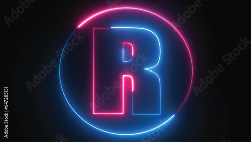 Neon Letter R with neon circle, Neon alphabet R glowing in the dark, pink blue neon light, Shine text R, the best digital symbol, 3d render, Education concept.