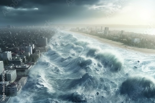 A massive ocean tsunami devastates a coastal city. Imminent catastrophe. Generative AI photo