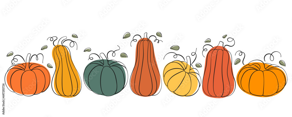 Pumpkin design for Thanksgiving or Halloween. Composition of pumpkins in line art style. Outlined pumpkin, pumpkin doodles. - obrazy, fototapety, plakaty 